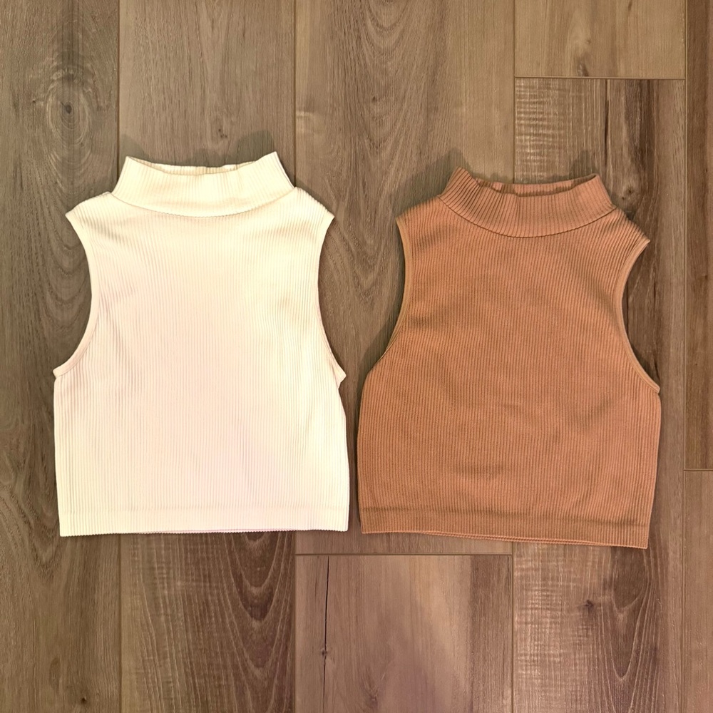 Sleeveless Ribbed Knit Crop Tops in Cream and Tan ~ High neck
